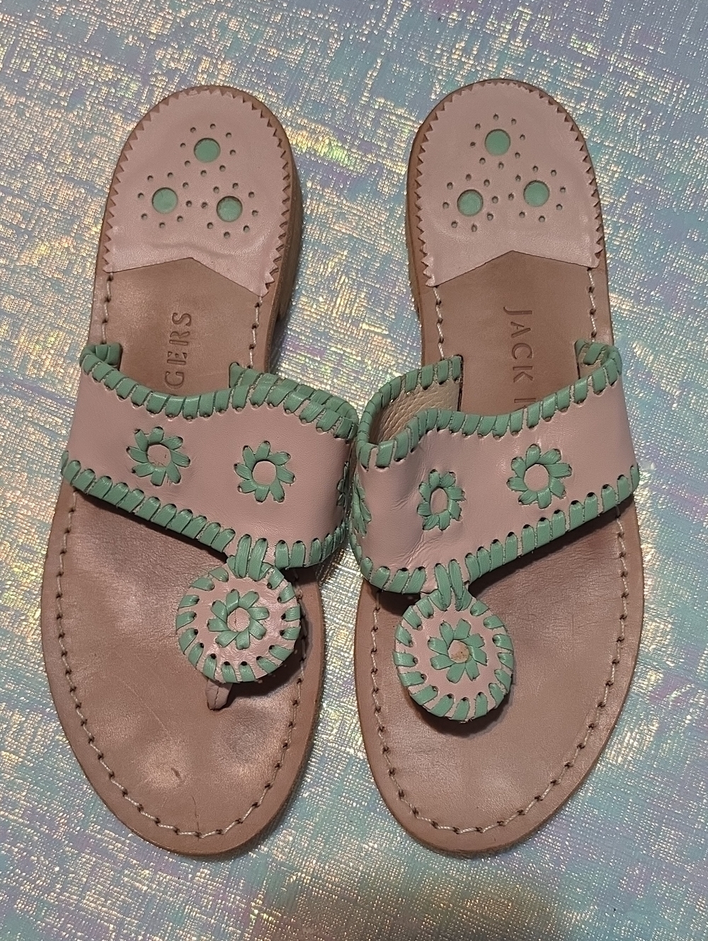 Jack Rogers Blush and Mint Leather Slide Sandals